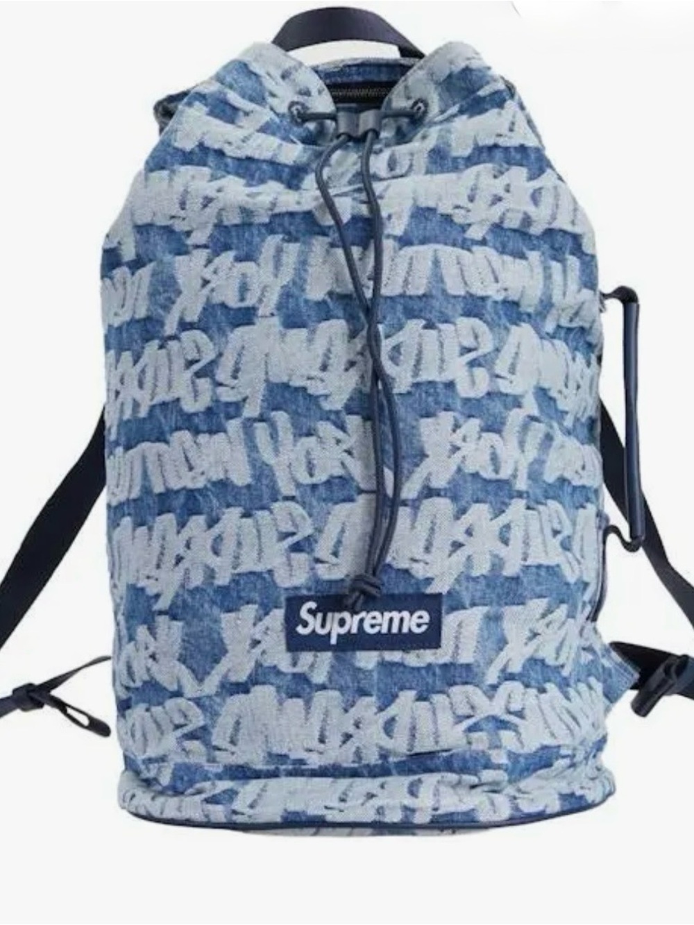 Supreme Denim Graffiti Drawstring Backpack in Light Blue and White